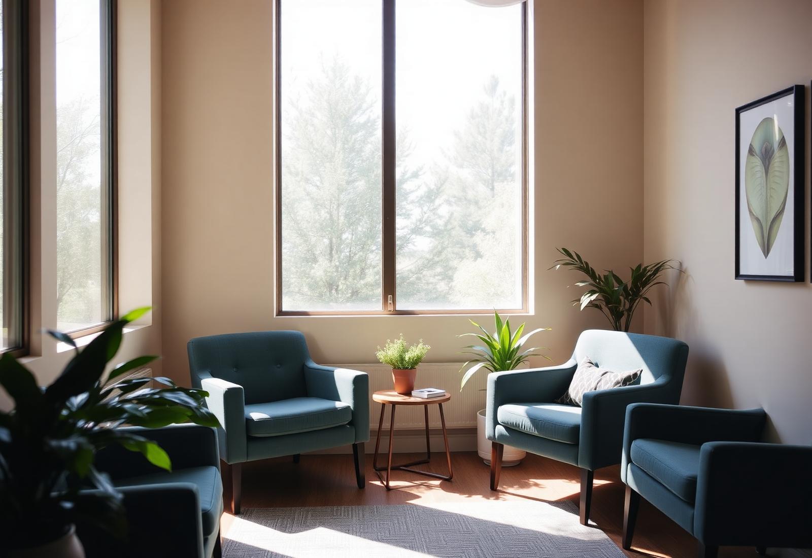 Sunlit counseling office with comfortable chairs and plants